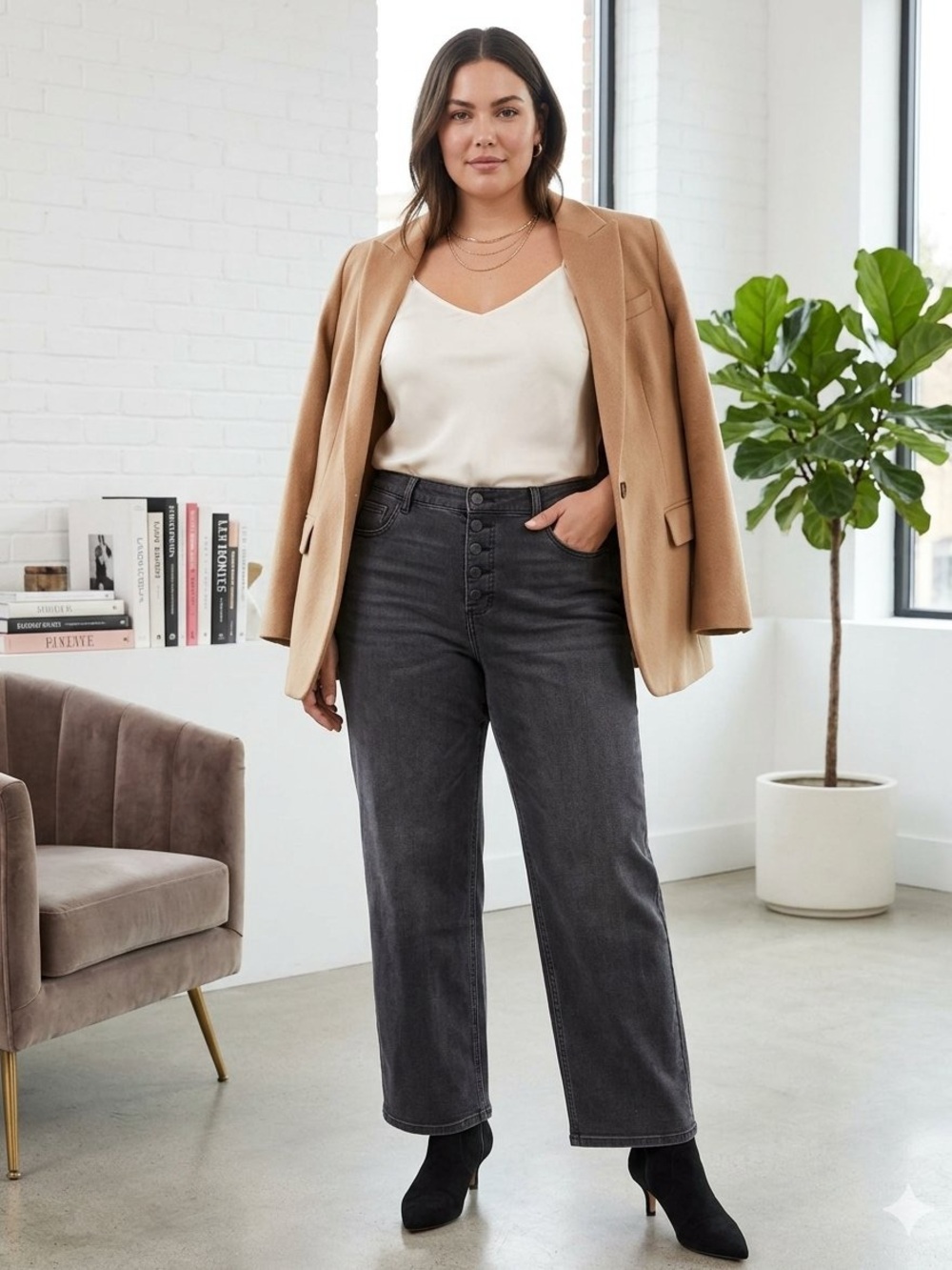 ✨ SPANX Denim High-Rise Button Fly Straight Leg Jeans Black Wash XL